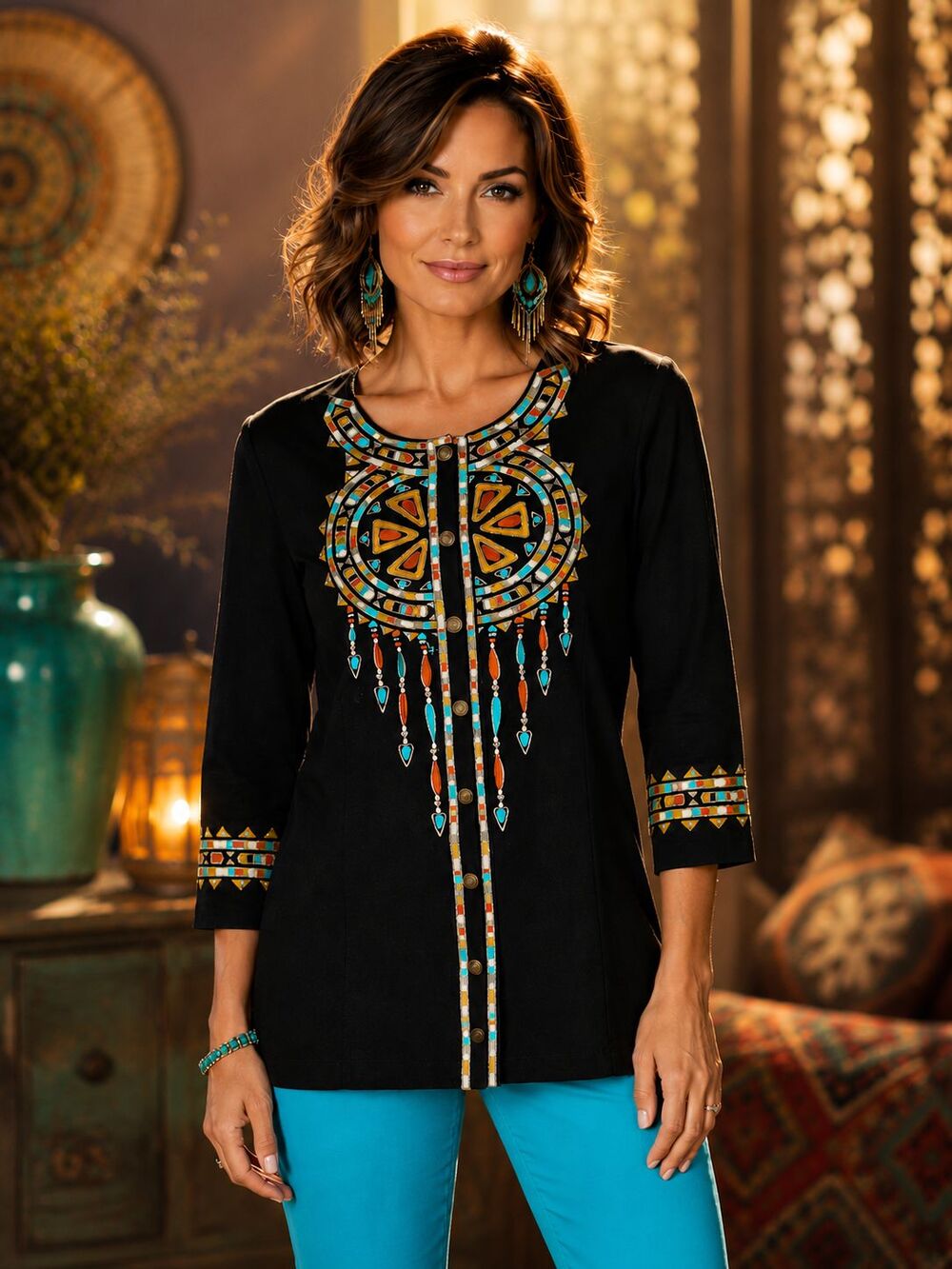 Bob Mackie Wearable Art Embroidered Jacket Top Black Medium Southwest Boho